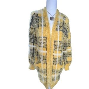 Fashion Nova Fuzzy Plaid Cardigan Yellow Black  Oversized Cozy Long Cardigan XS